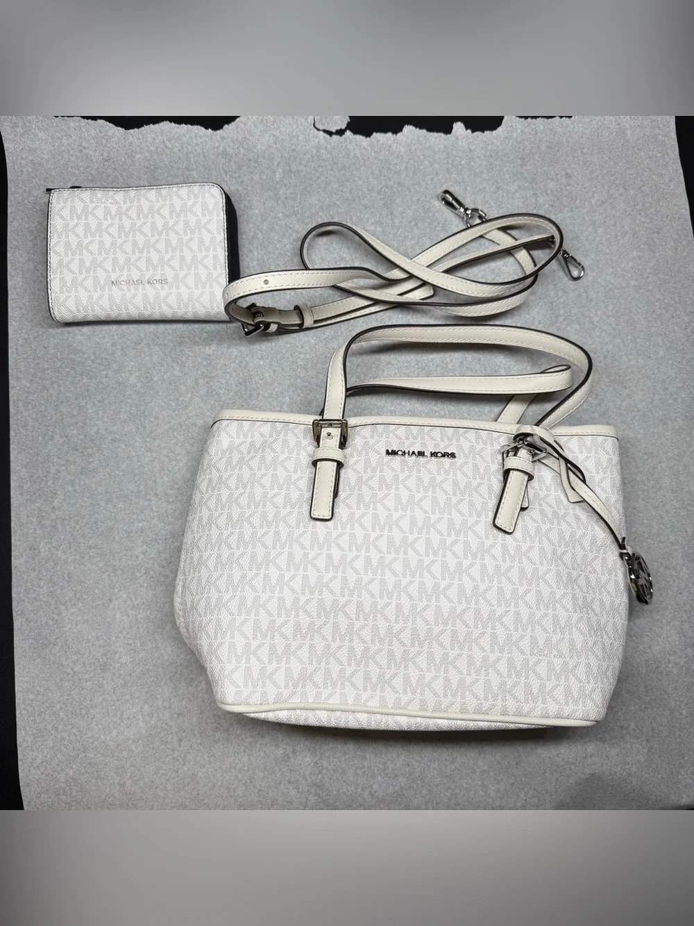 Michael Kors White MK Signature Tote with Removable Strap and Wristlet